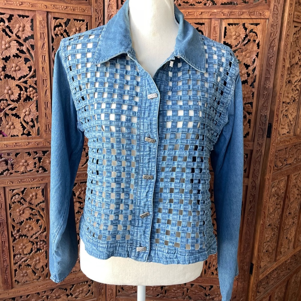 VINTAGE Woven Lattice Openwork Light Blue Denim Jacket